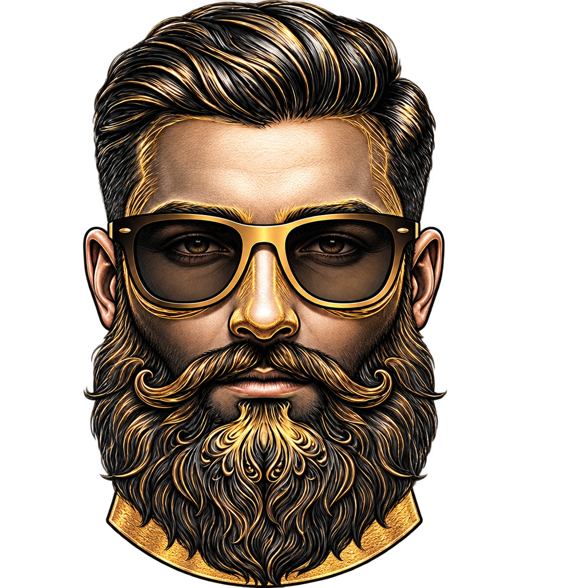 Illustrated portrait of the BeardGloss man — full beard, moustache, gold-lined details