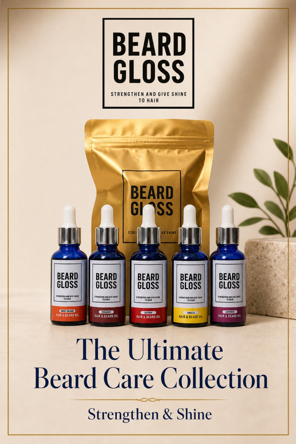 The Beard Gloss collection styled with packaging on a cream backdrop