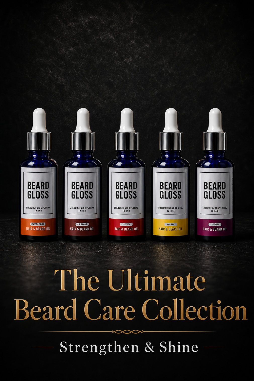 The Beard Gloss collection — five scent variants lined up against a dark backdrop