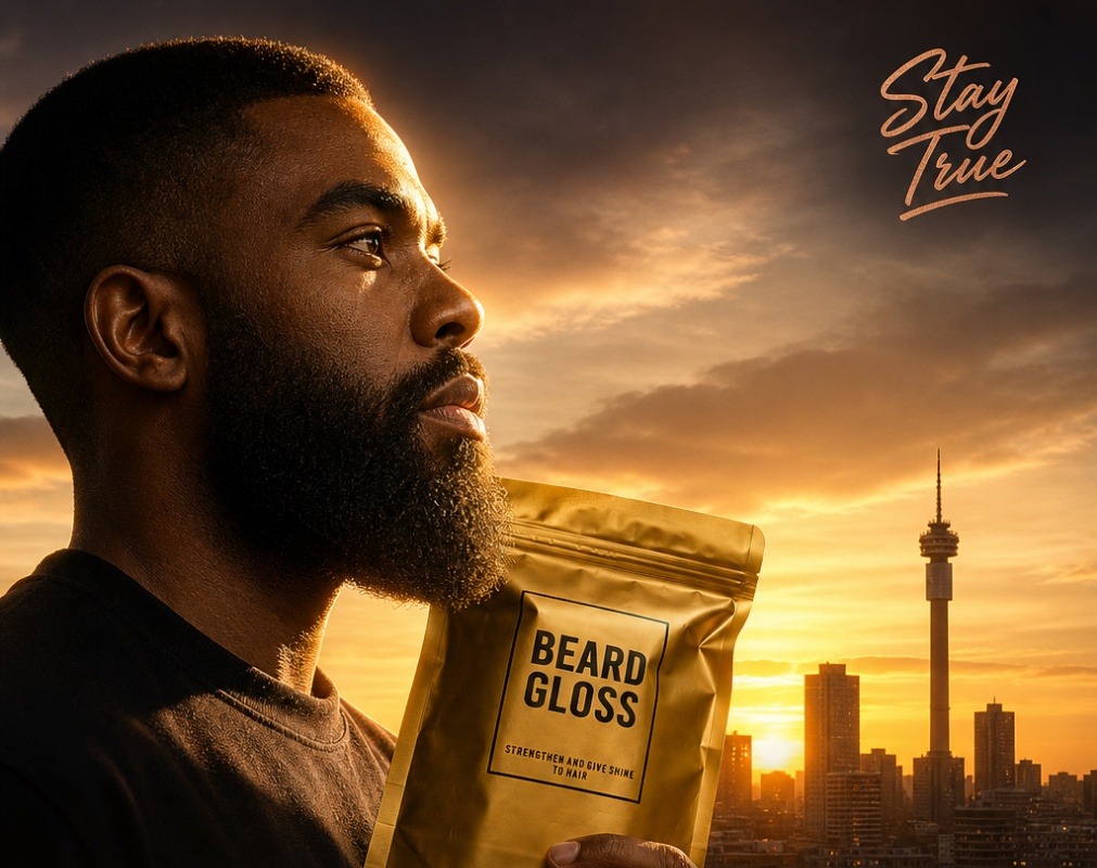 Man holding BeardGloss pouch against the Johannesburg skyline