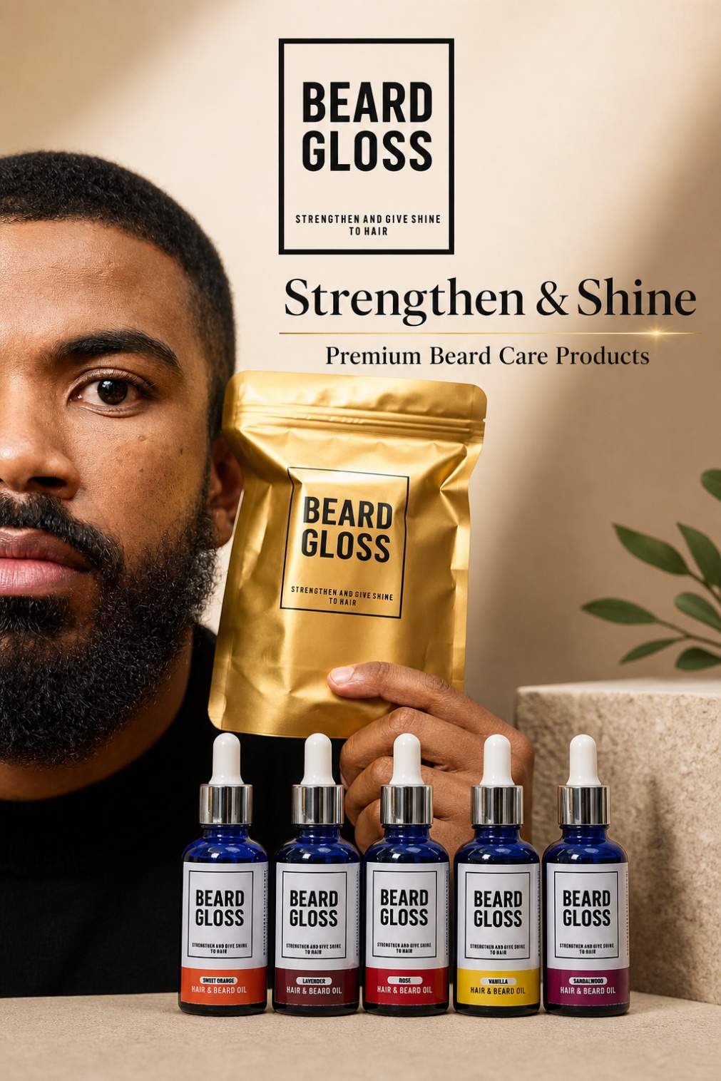 Man holding the BeardGloss pouch beside the full five-scent Hair & Beard Oil lineup