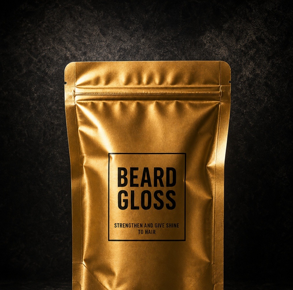 BeardGloss pouch, front label detail